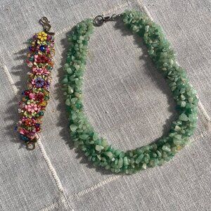 Green glass necklace and ribbon beaded bracelet